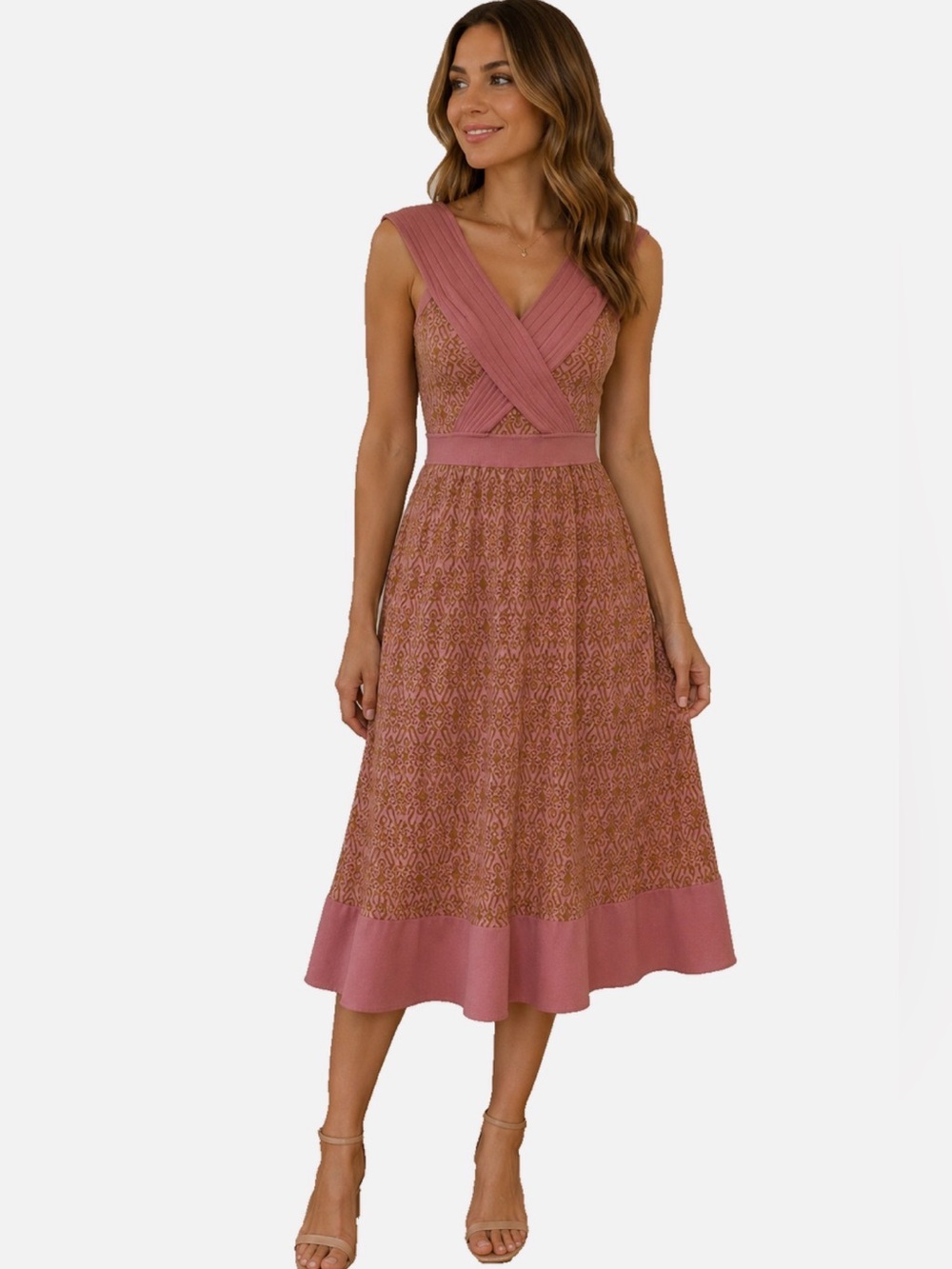 Cross-Front Lace-Trim Midi Dress in Dusty Rose